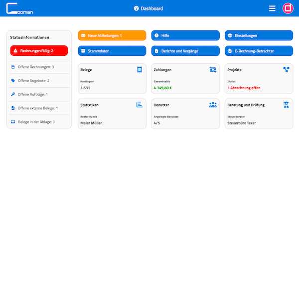 Dashboard von cooman mit offenen Rechnungen, Angeboten, Zahlungen und Projekten